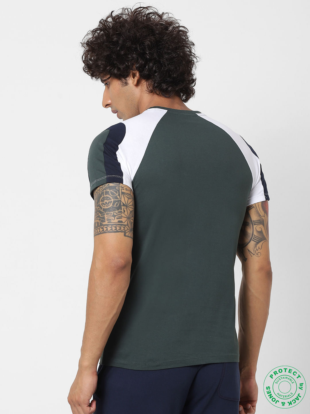 Dark Green Colourblocked Crew Neck T-shirt