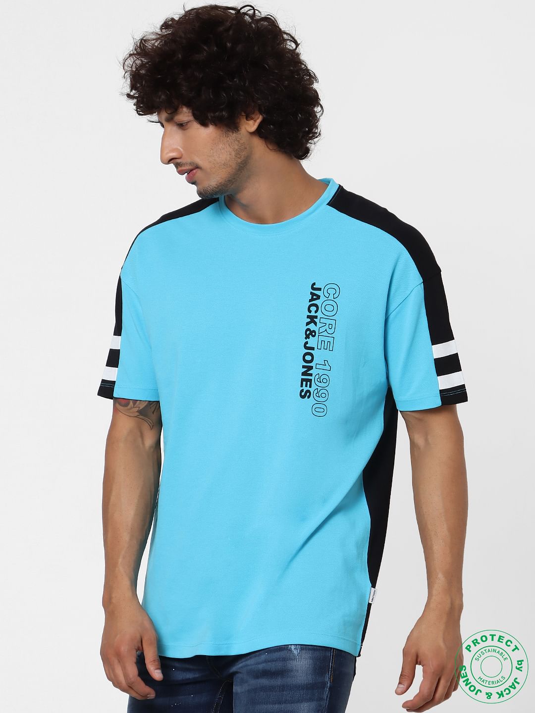Blue Colourblocked Crew Neck T-shirt