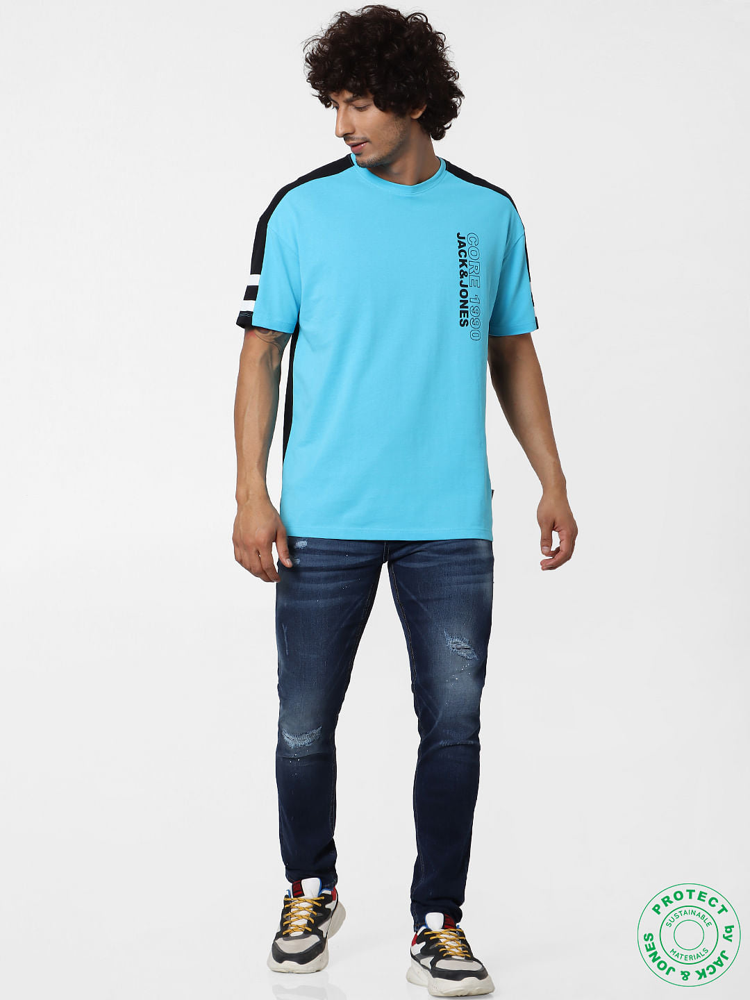 Blue Colourblocked Crew Neck T-shirt