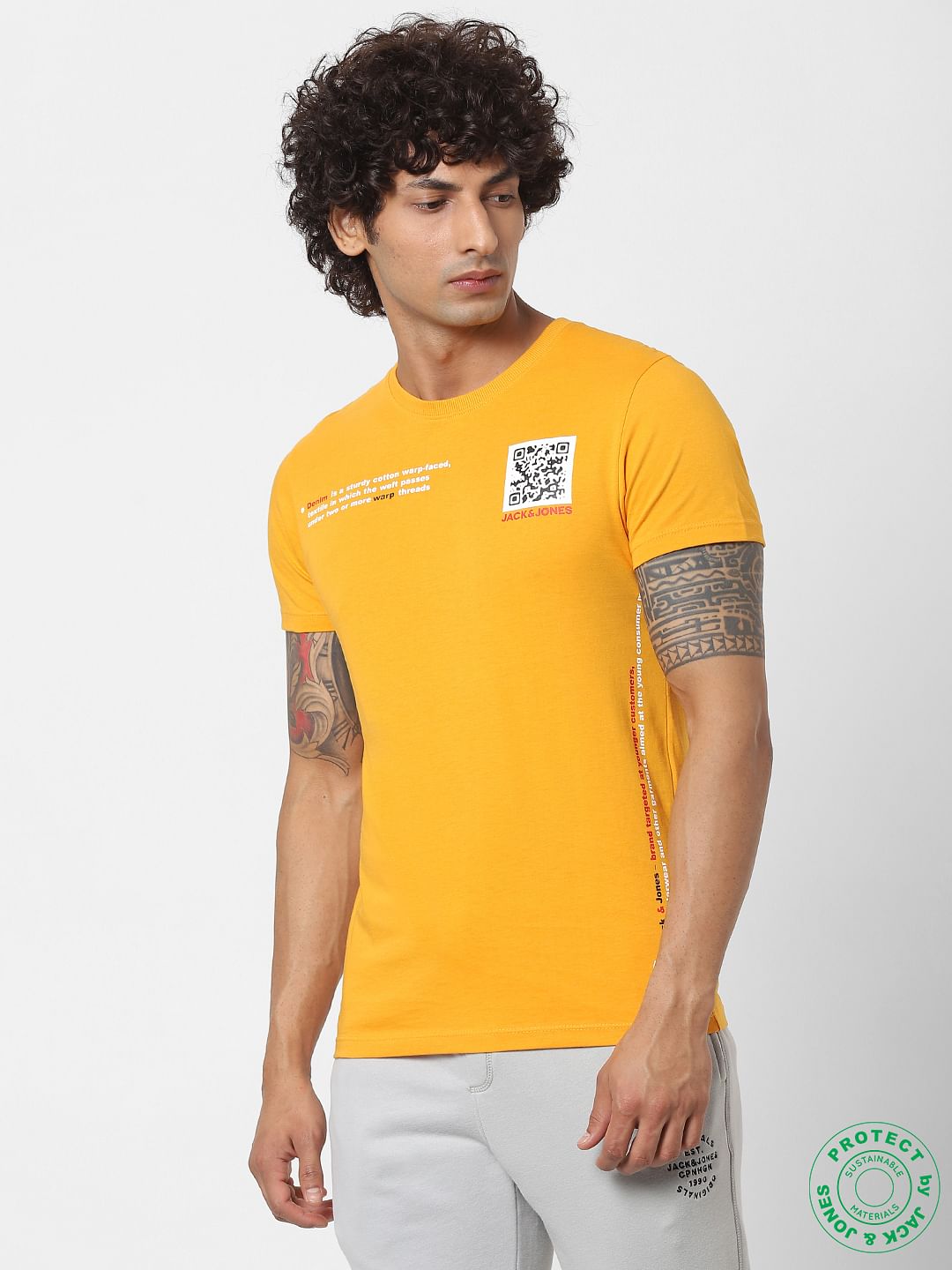 Yellow Text Print Crew Neck T-shirt