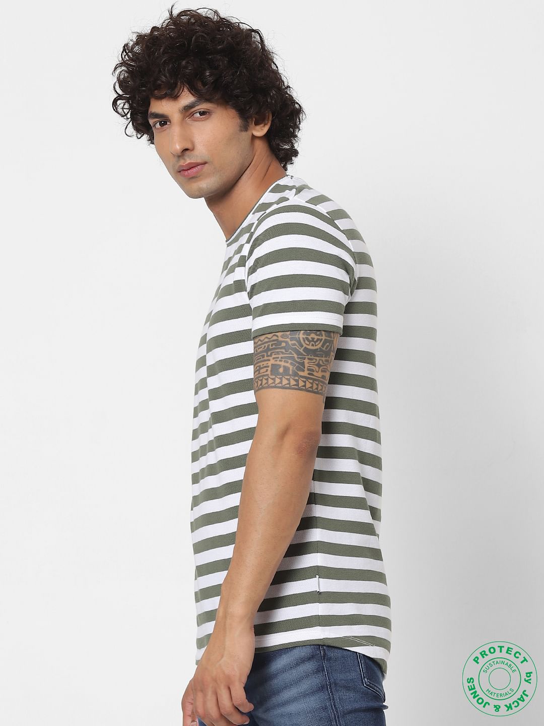 Green Striped Crew Neck T-shirt