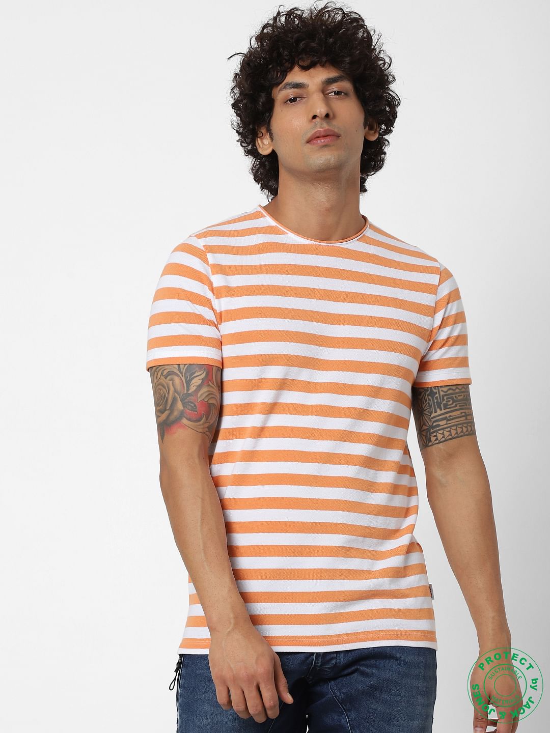 Orange Striped Crew Neck T-shirt