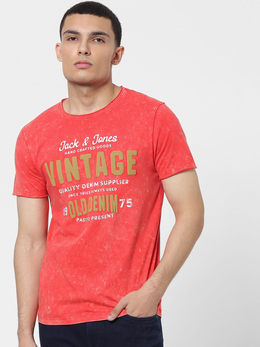 Red Acid Washed Logo Print Crew Neck T-shirt