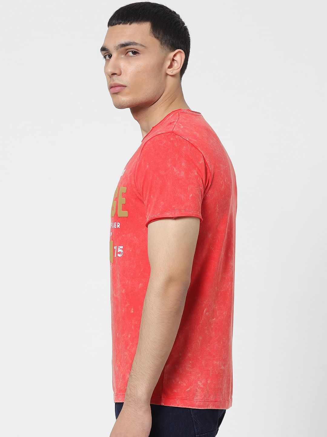 Red Acid Washed Logo Print Crew Neck T-shirt