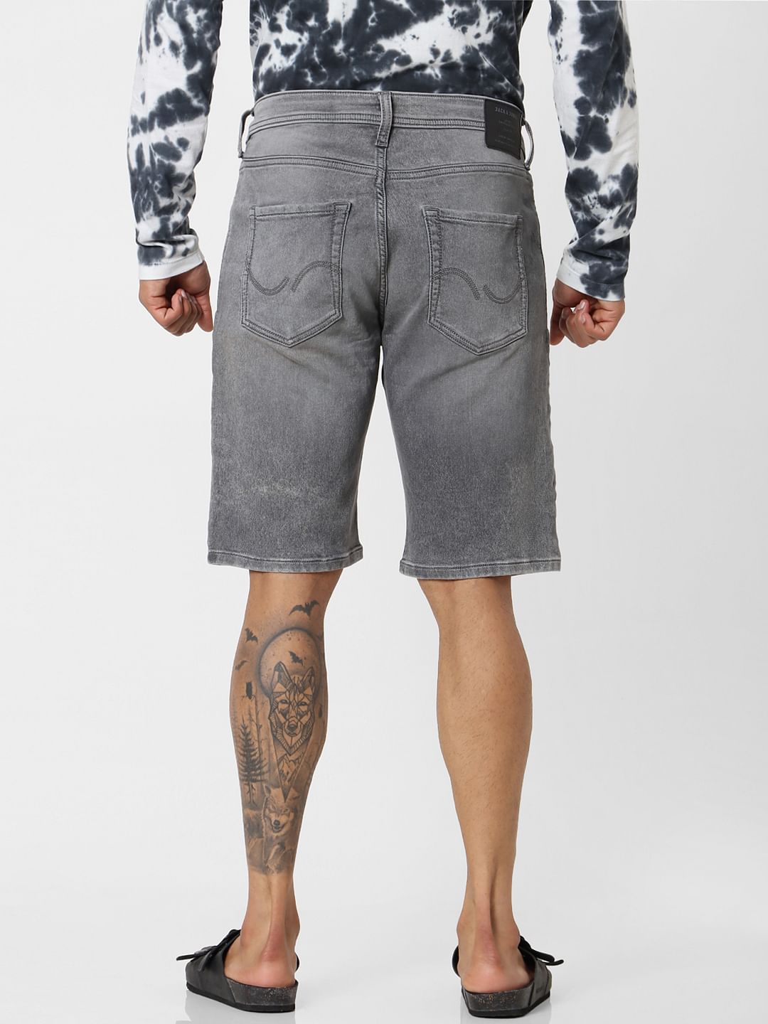 Grey Mid Rise Regular Fit Denim Shorts