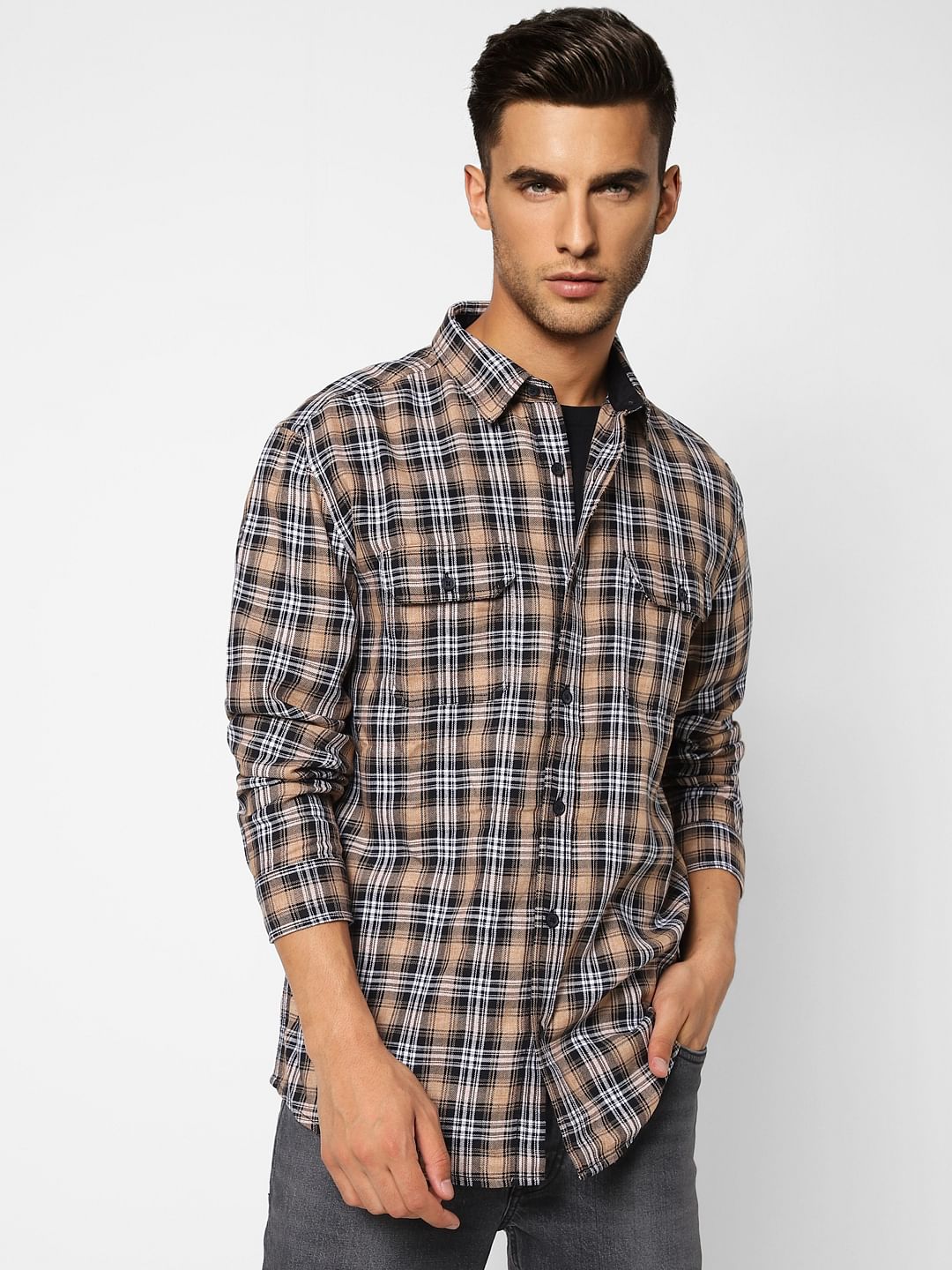 Beige Check Full Sleeves Shirt