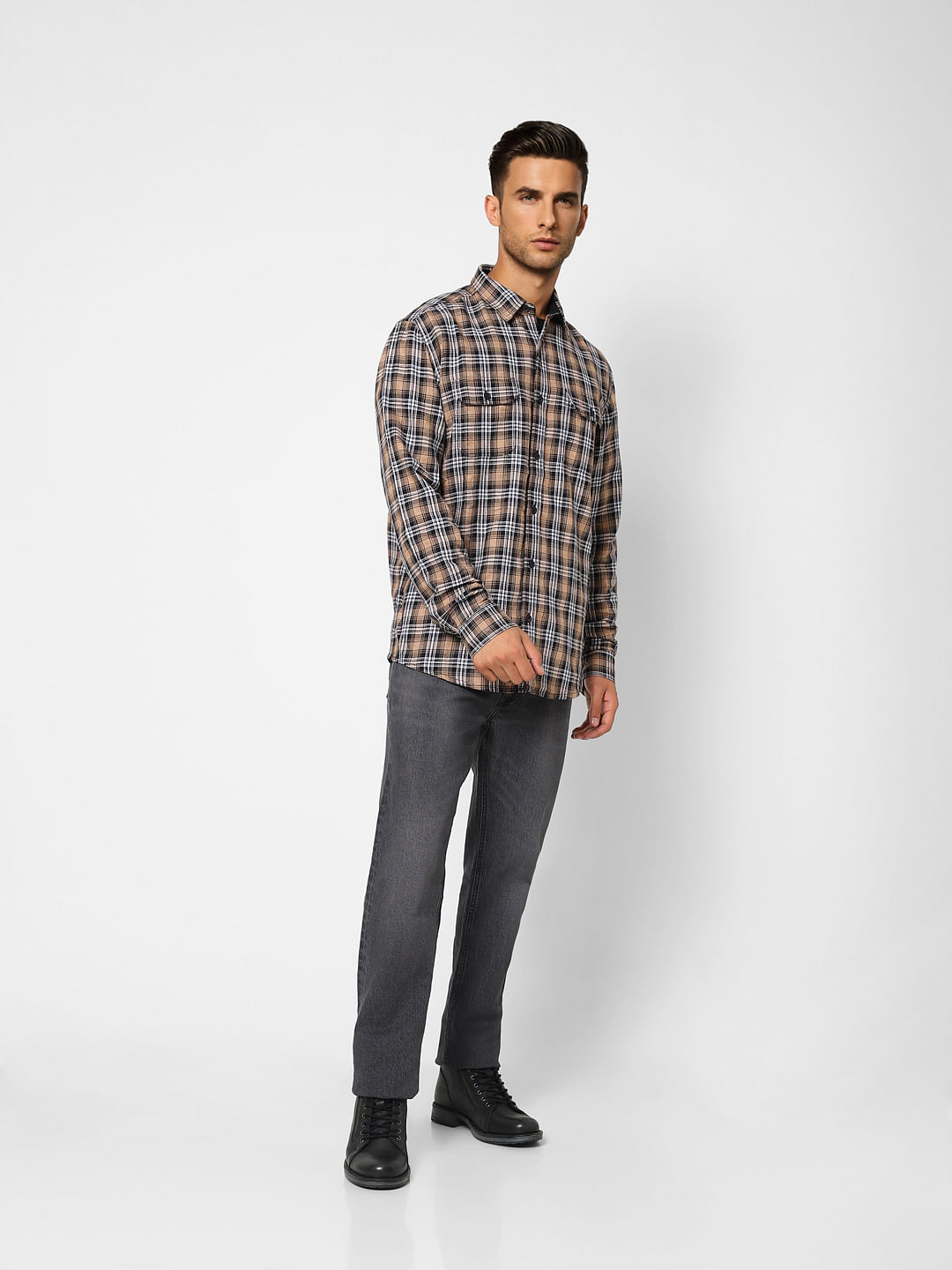 Beige Check Full Sleeves Shirt