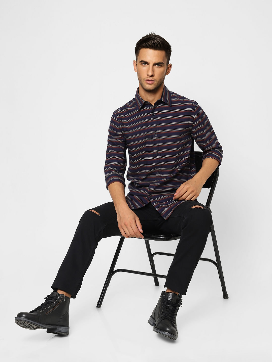 Navy Blue Striped Full Sleeves Shirt