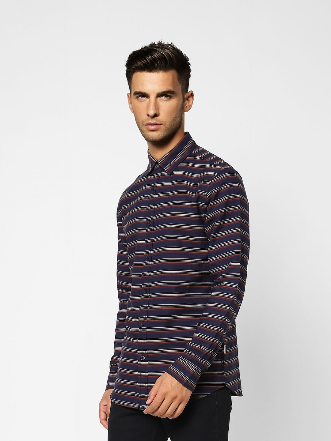 Navy Blue Striped Full Sleeves Shirt