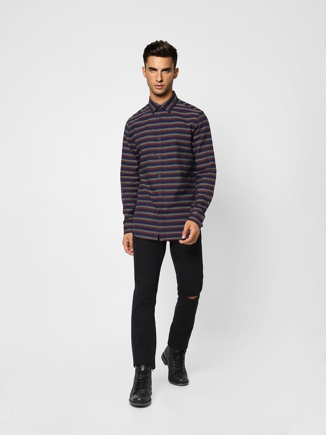 Navy Blue Striped Full Sleeves Shirt
