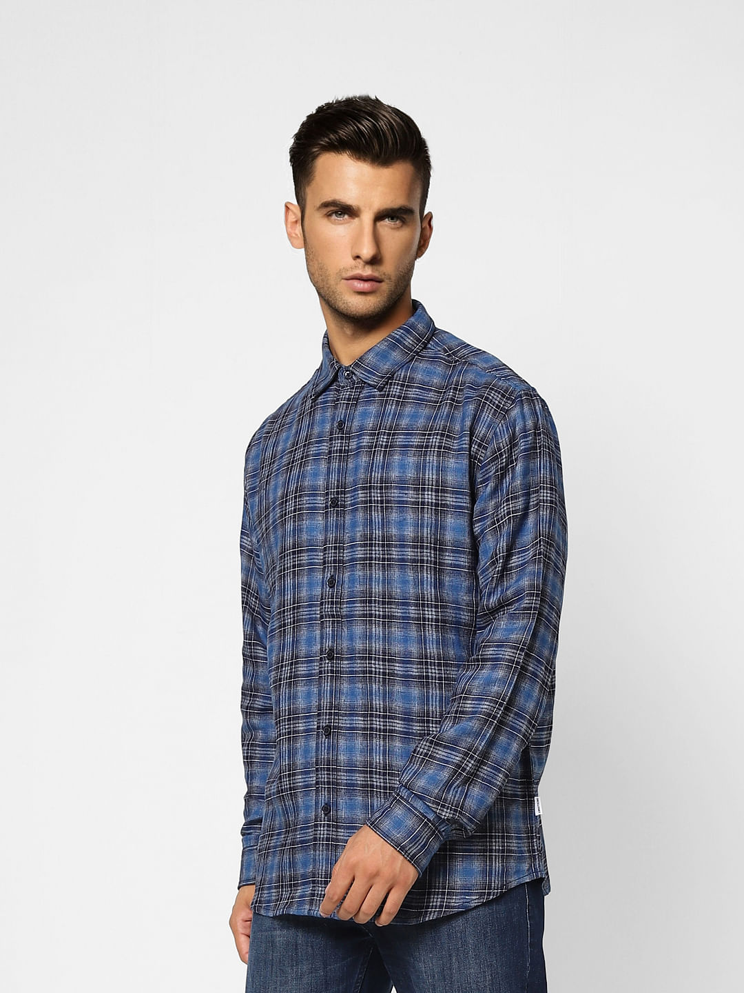 Dark Blue Check Print Full Sleeves Shirt