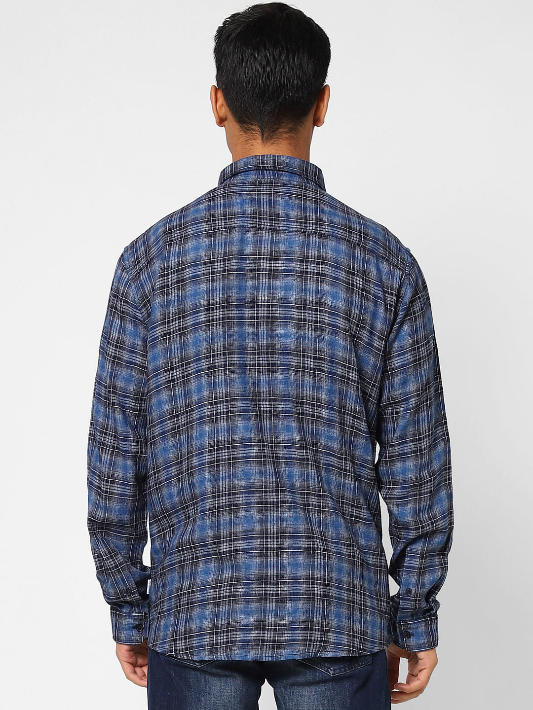 Dark Blue Check Print Full Sleeves Shirt
