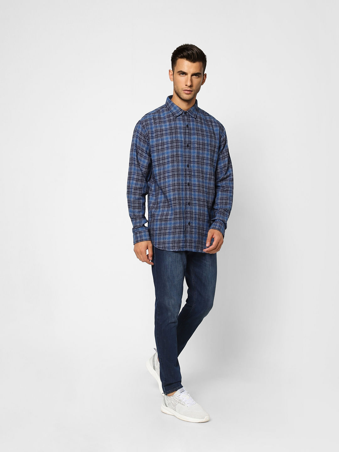 Dark Blue Check Print Full Sleeves Shirt