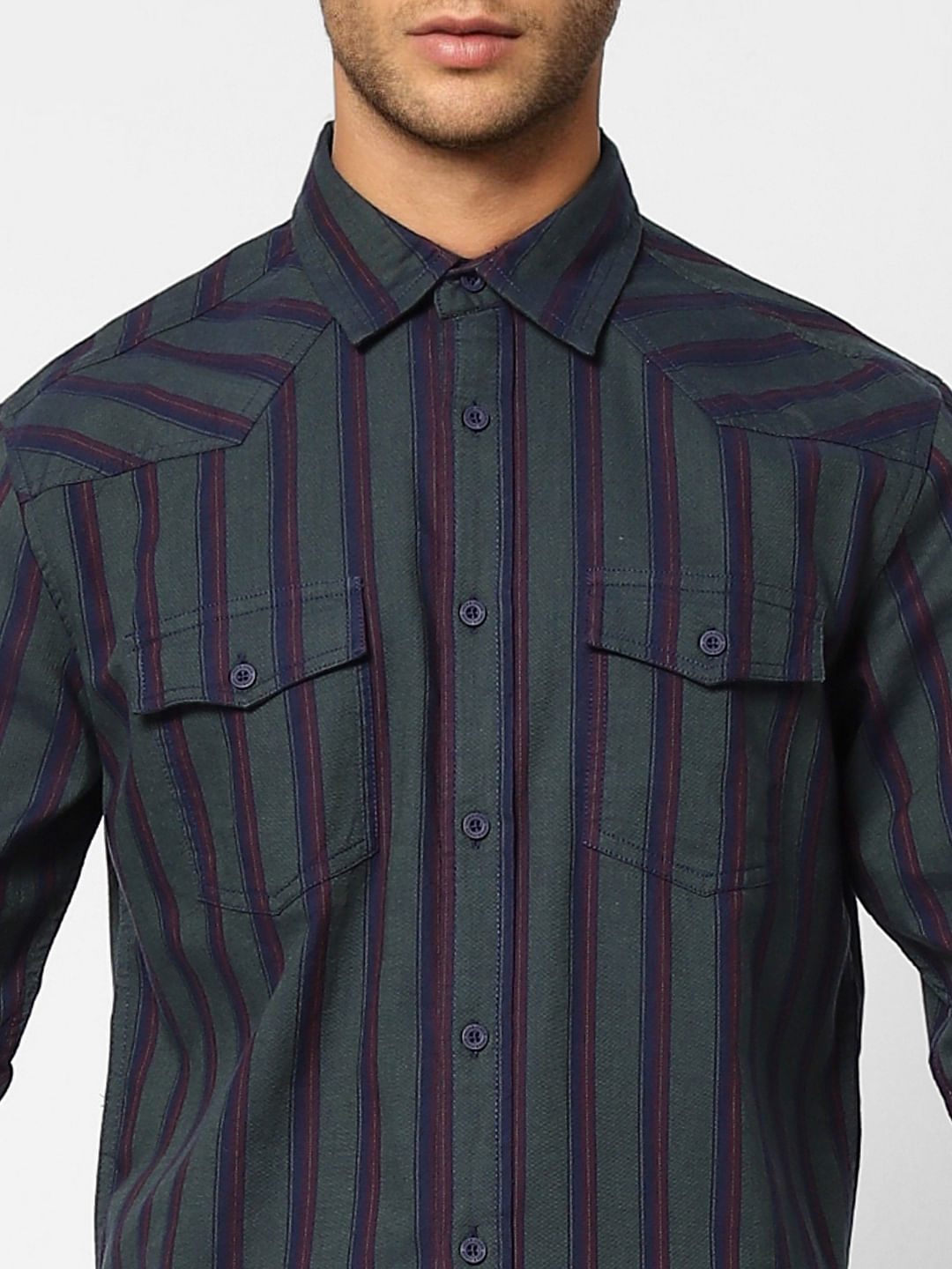 Dark Green Striped Full Sleeves Shirt