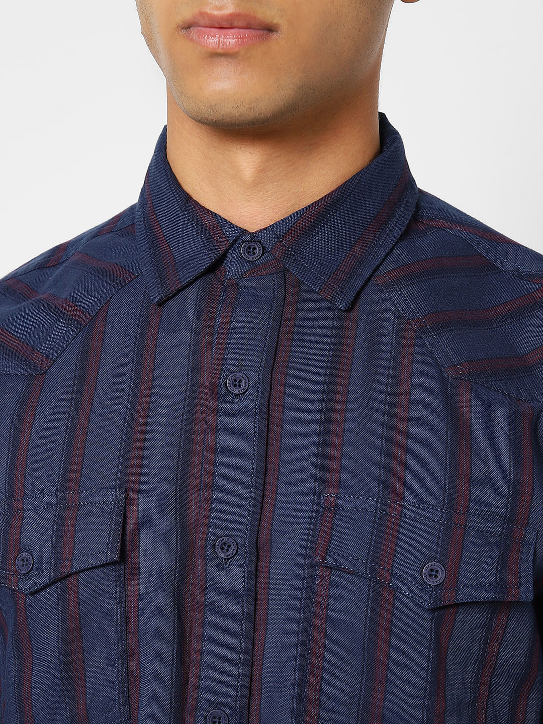 Navy Blue Striped Full Sleeves Shirt