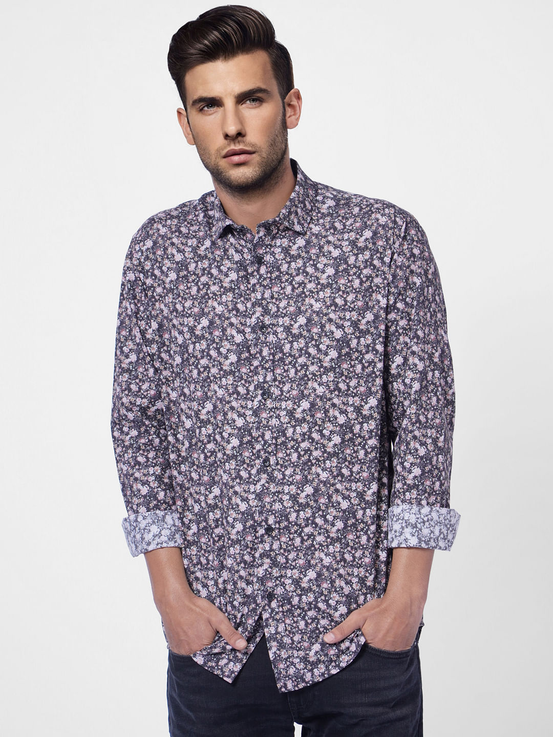 Grey Floral Full Sleeves Shirt