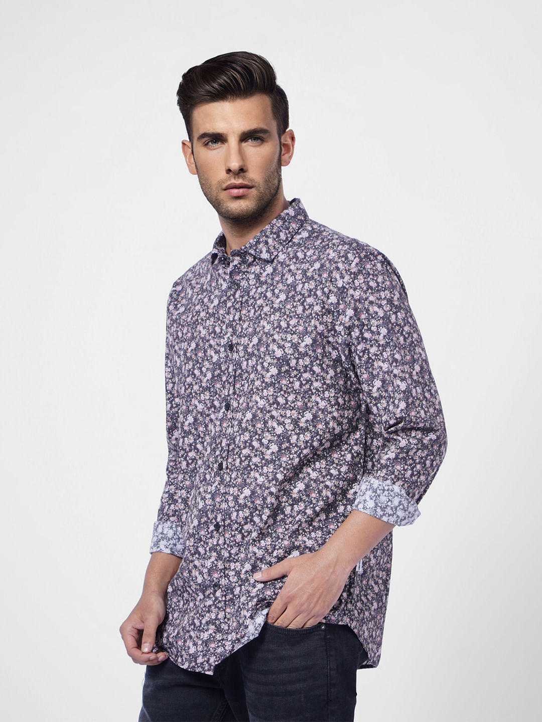 Grey Floral Full Sleeves Shirt