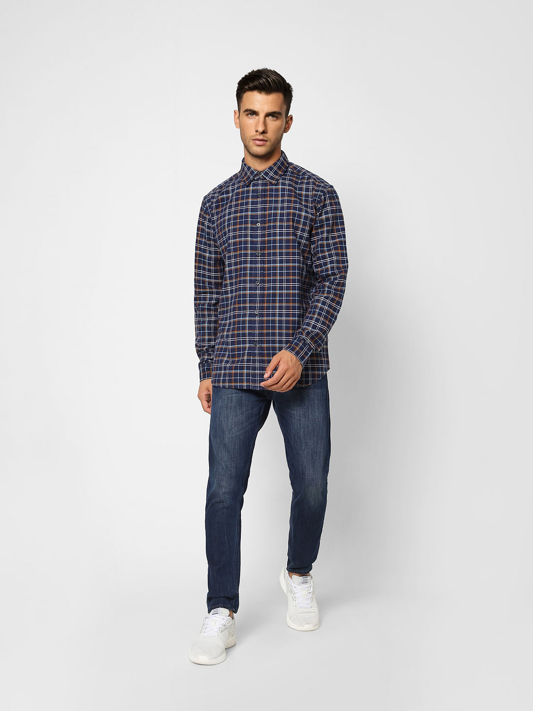 Navy Blue Check Print Full Sleeves Shirt