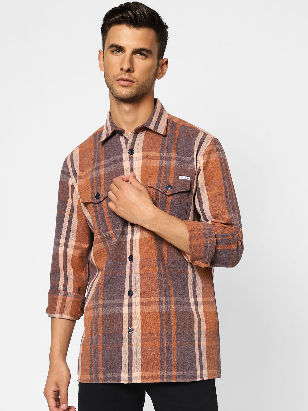 Brown Check Print Full Sleeves Shirt