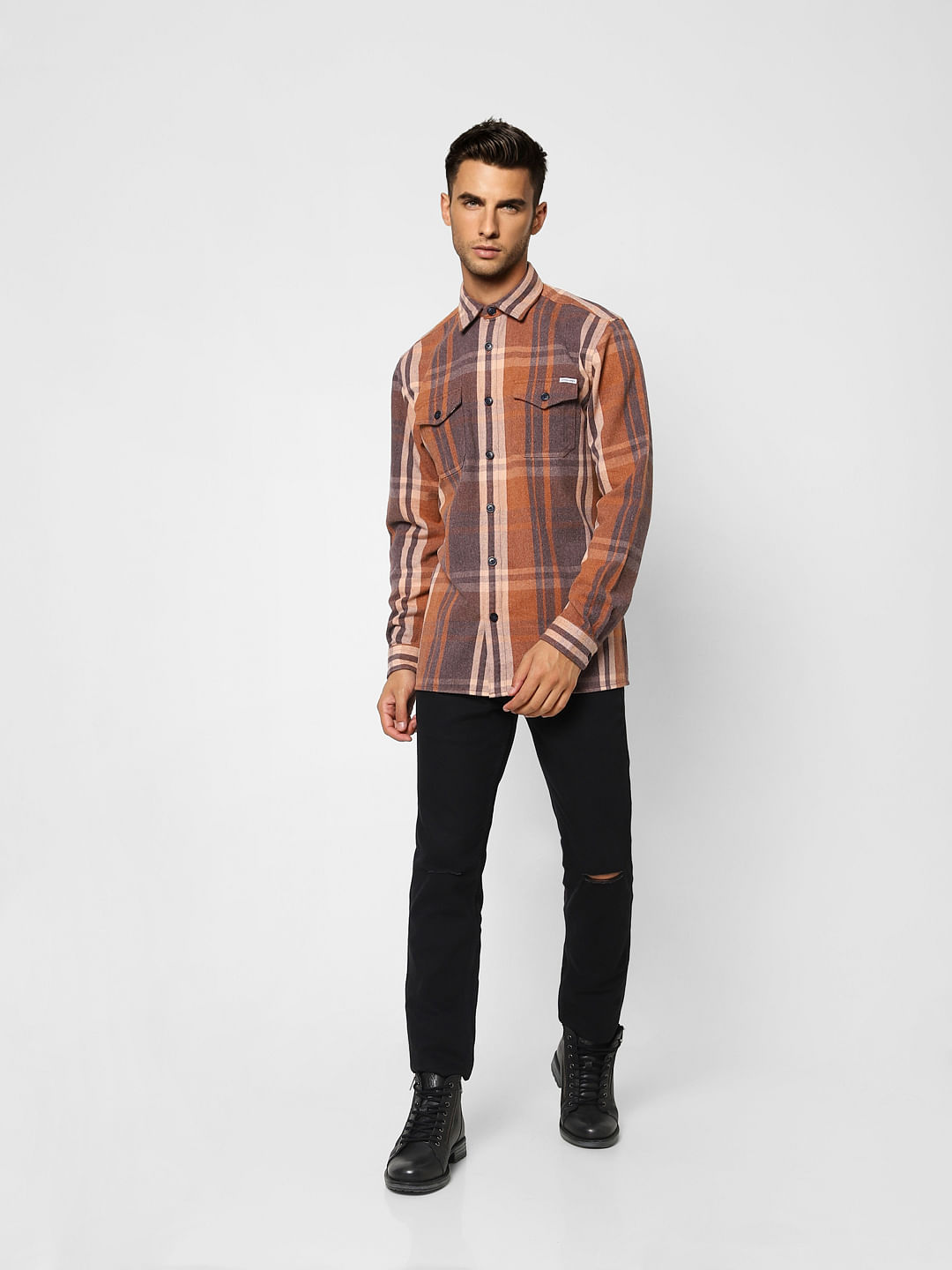 Brown Check Print Full Sleeves Shirt