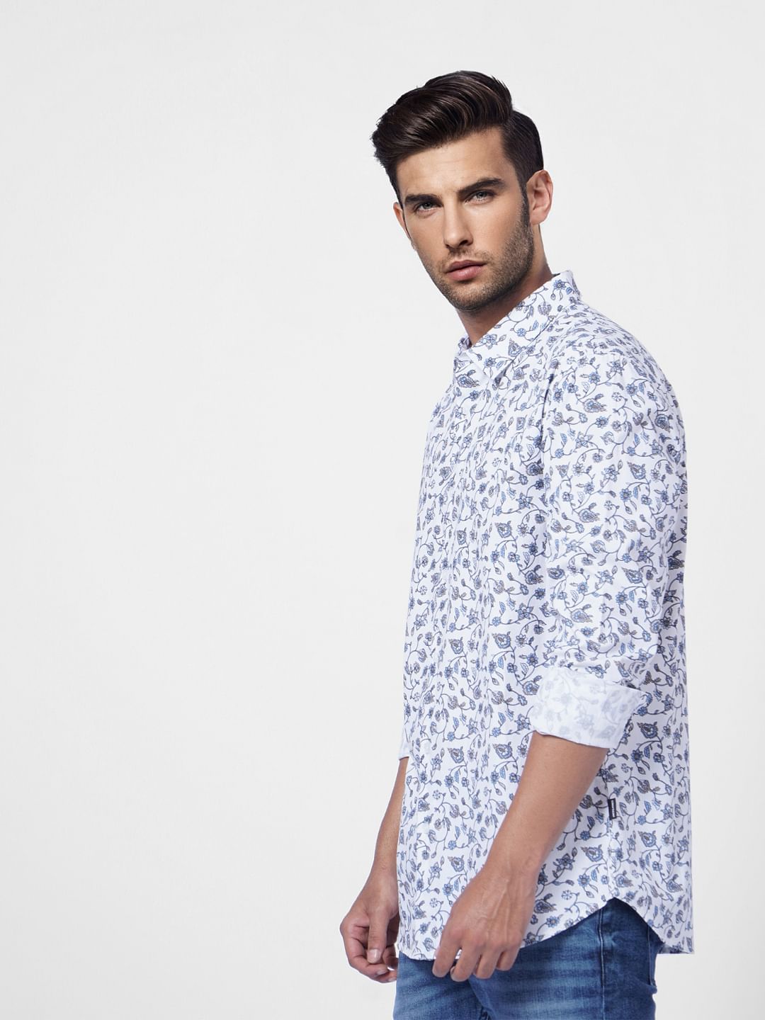 White Floral Full Sleeves Shirt