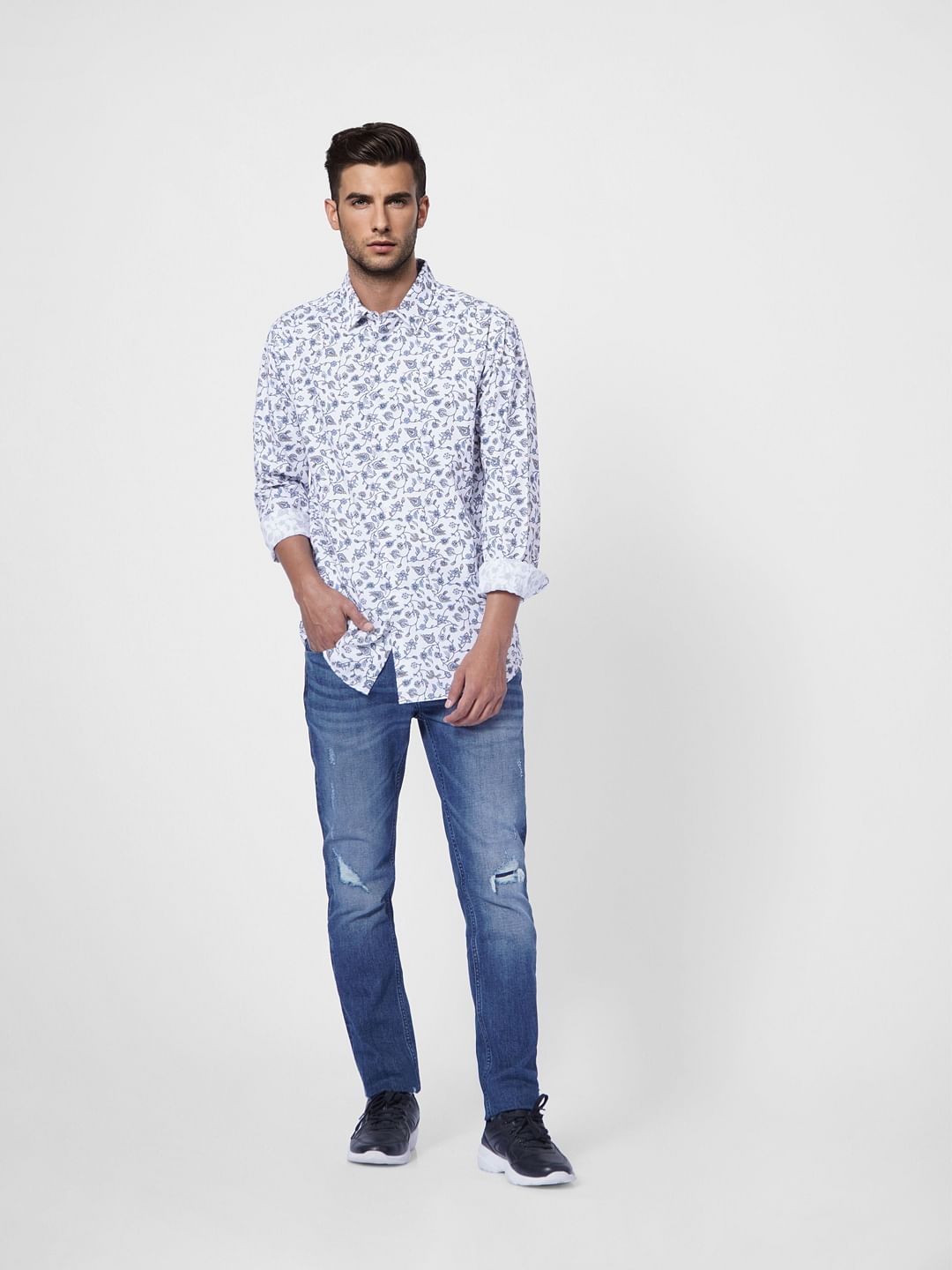 White Floral Full Sleeves Shirt