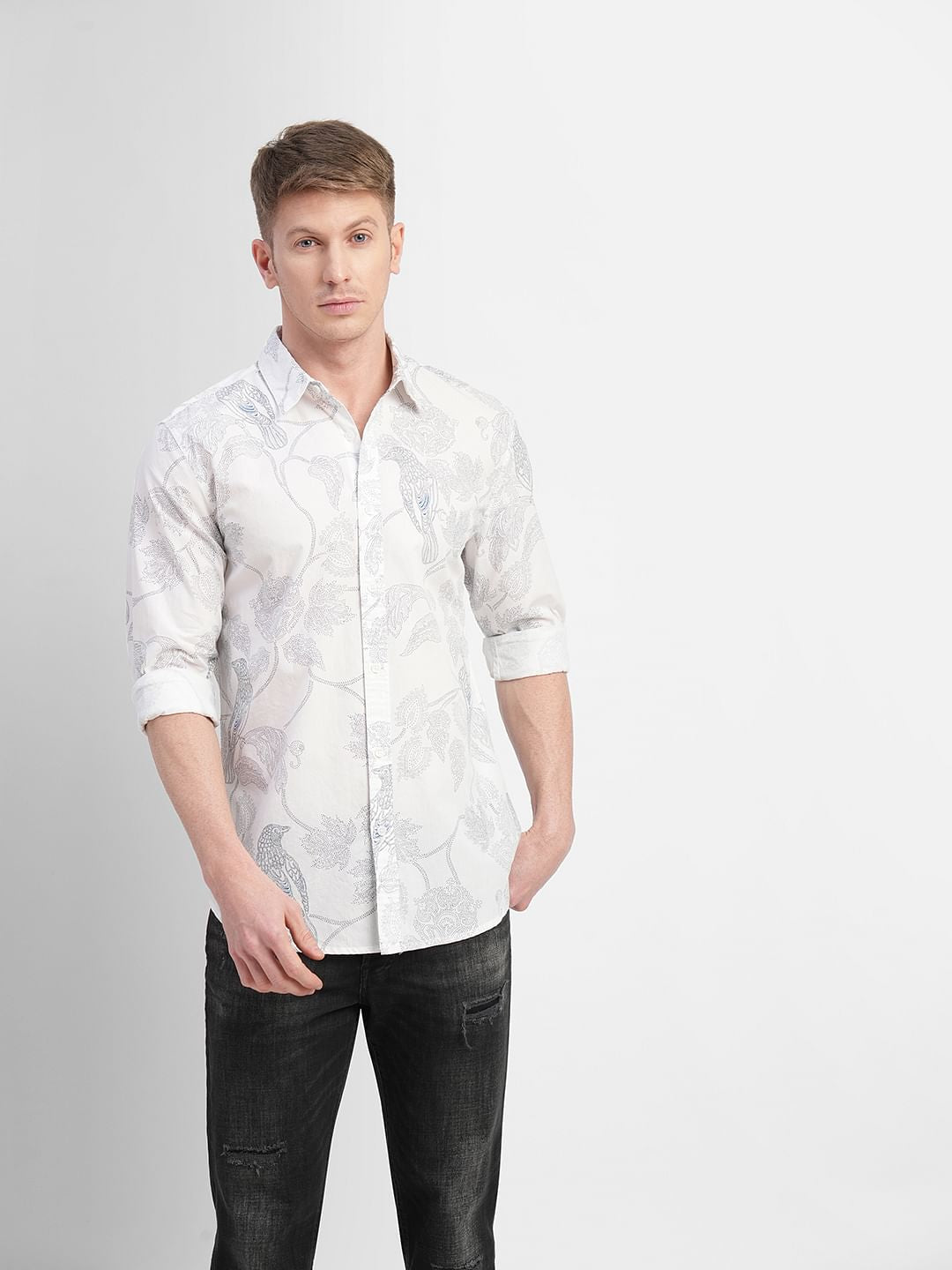 White Printed Full Sleeves Shirt