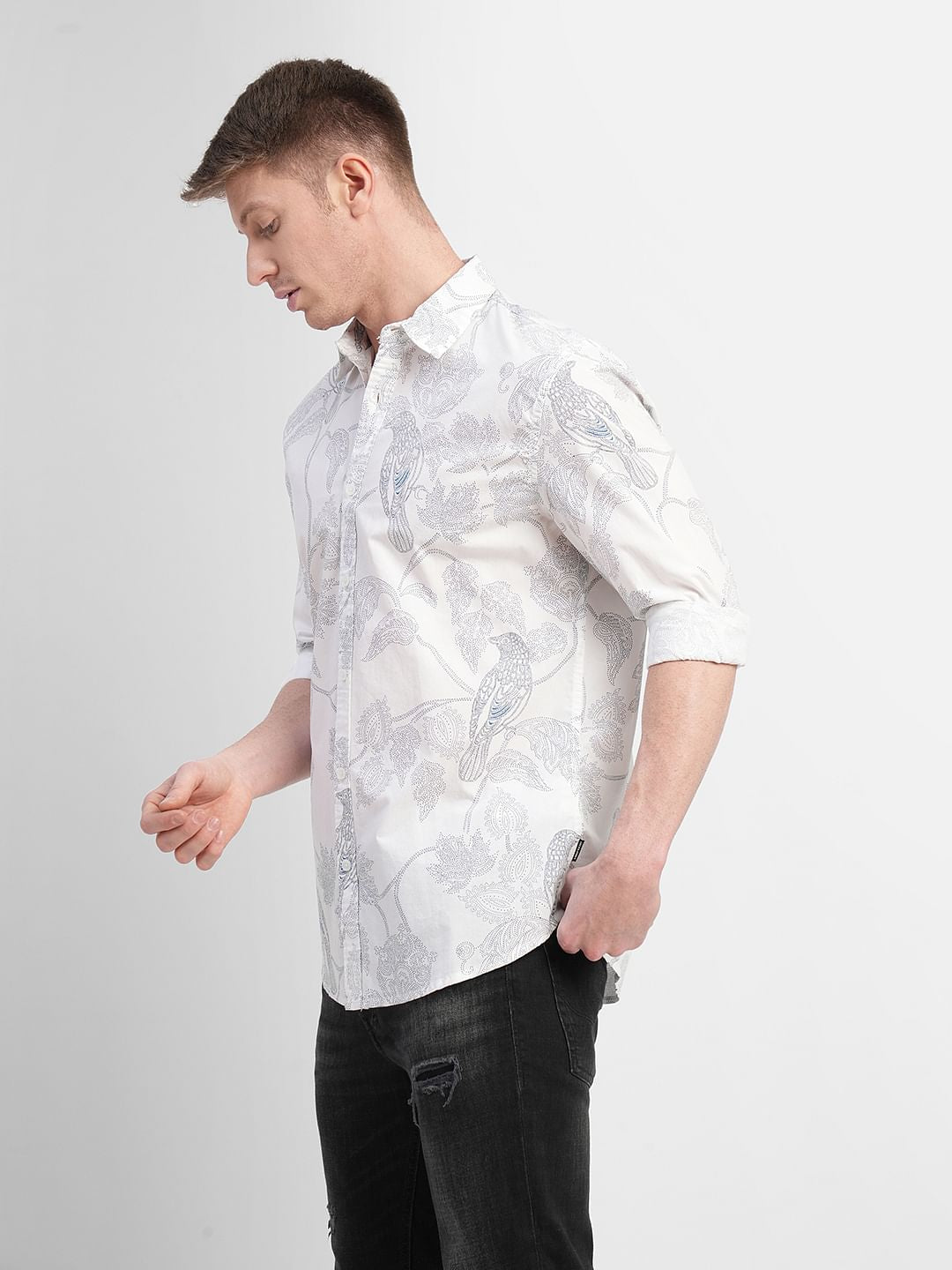 White Printed Full Sleeves Shirt