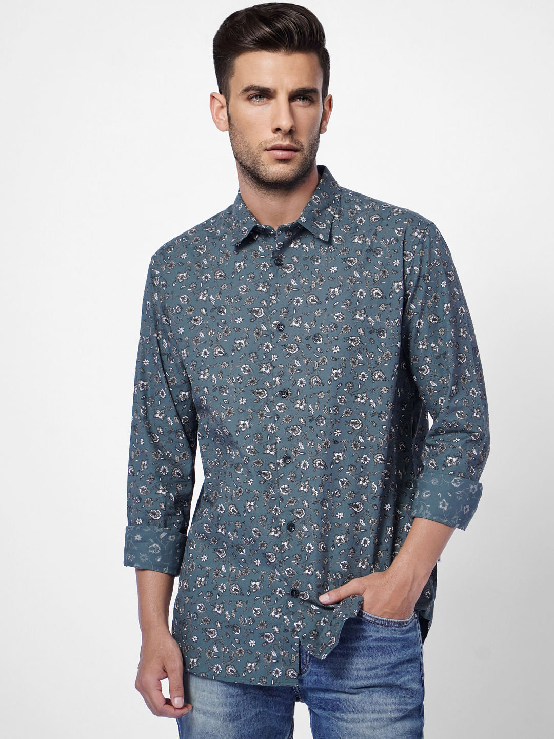 Blue Floral Print Full Sleeves Shirt