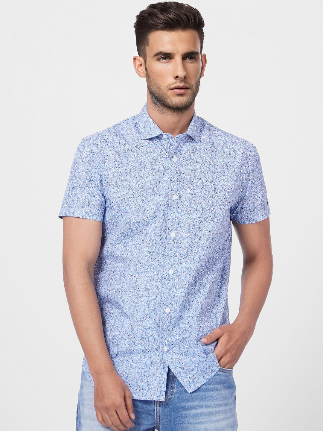 Blue Floral Print Short Sleeves Shirt