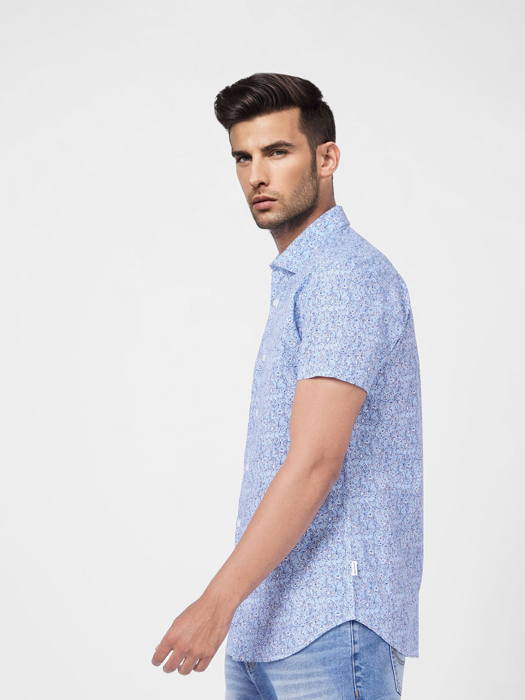 Blue Floral Print Short Sleeves Shirt