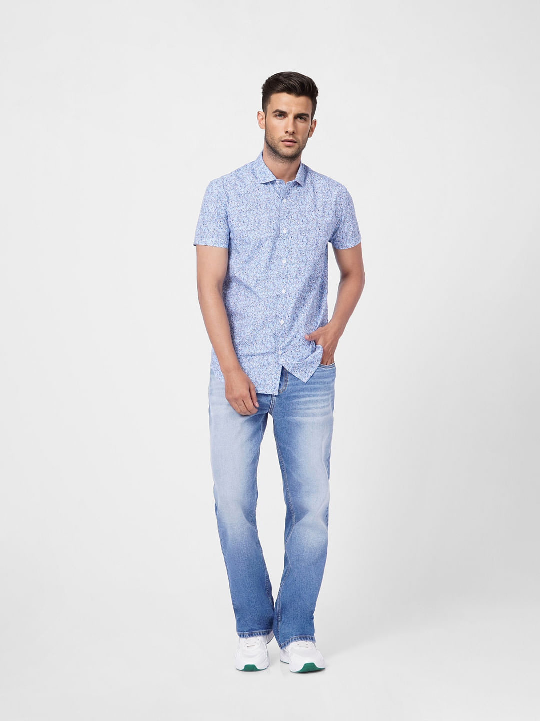 Blue Floral Print Short Sleeves Shirt