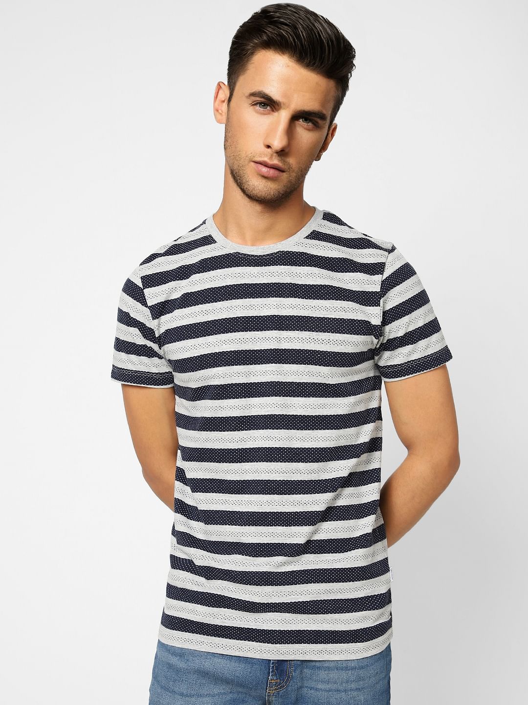 Light Grey Striped Crew Neck T-shirt