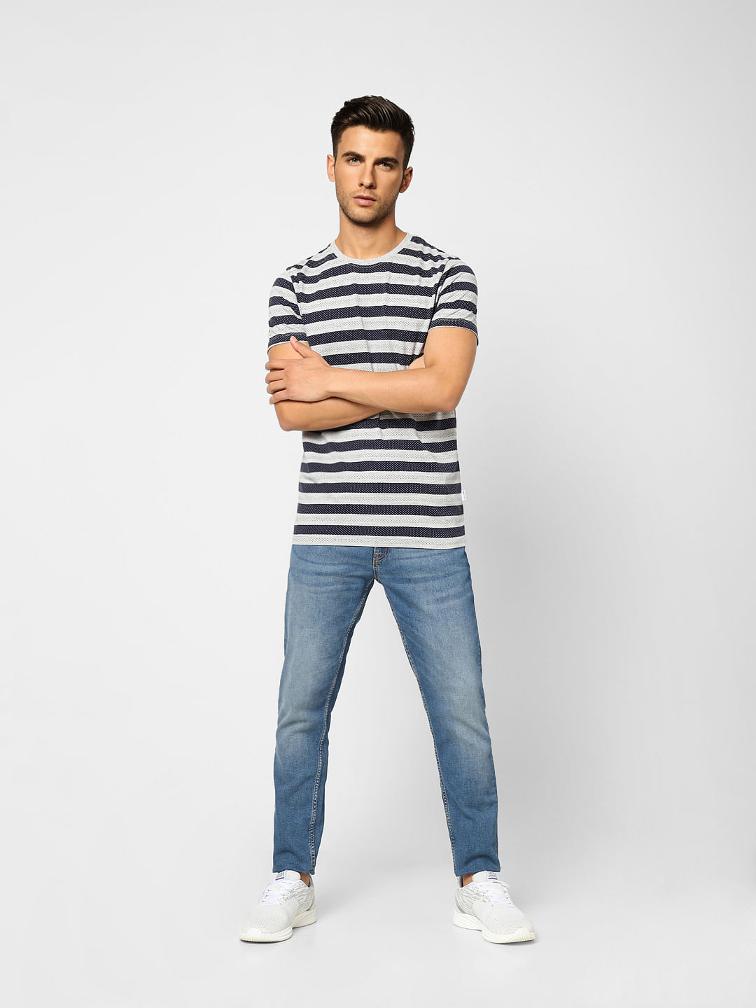 Light Grey Striped Crew Neck T-shirt