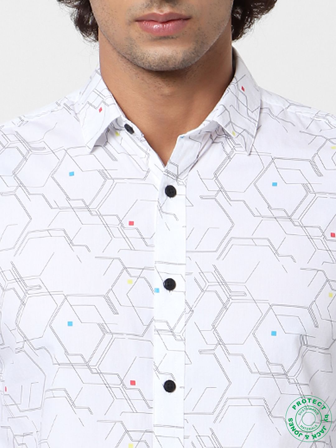 White Geometric Print Full Sleeves Shirt
