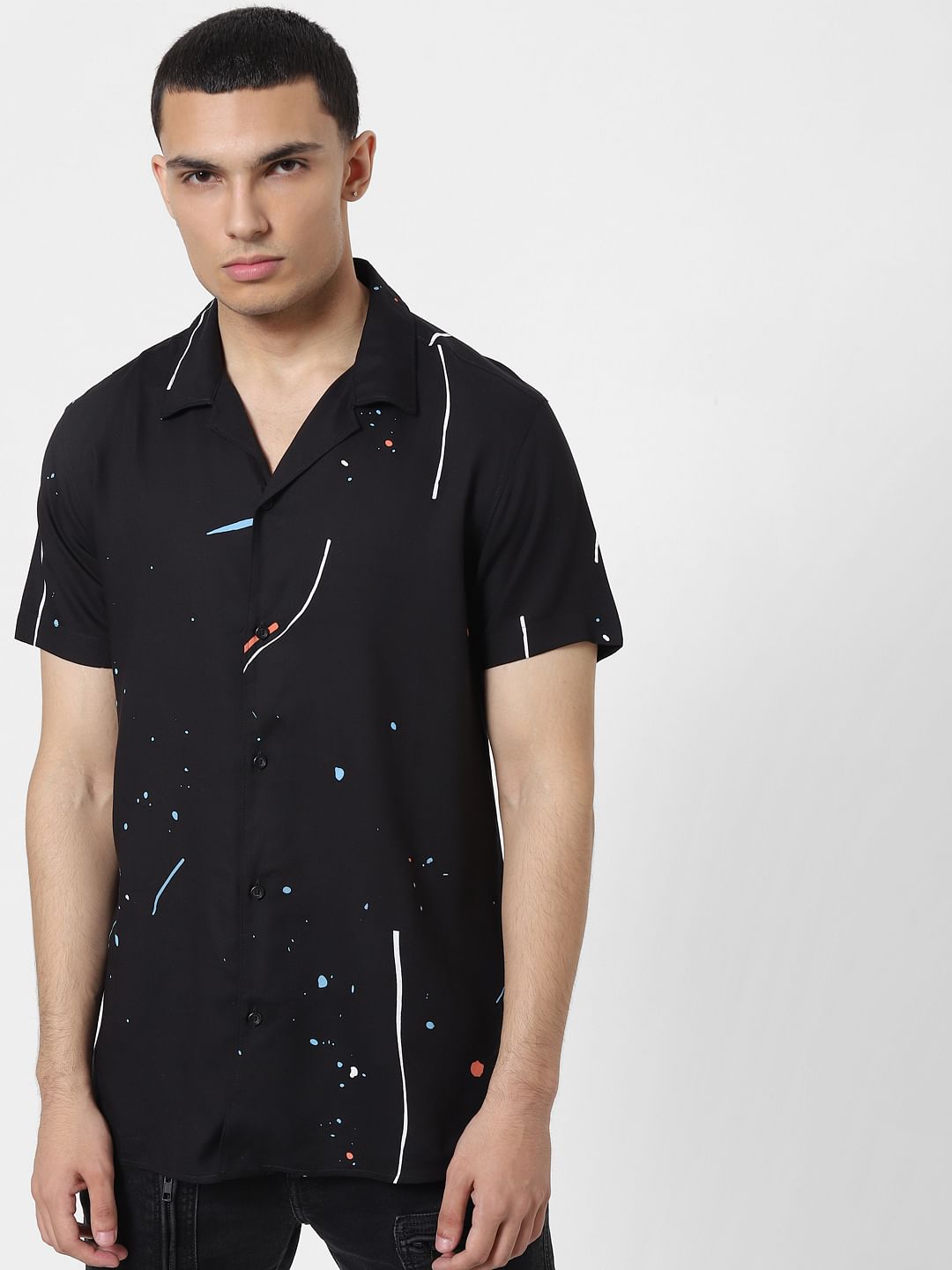 Black Paint Splash Print Short Sleeves Shirt