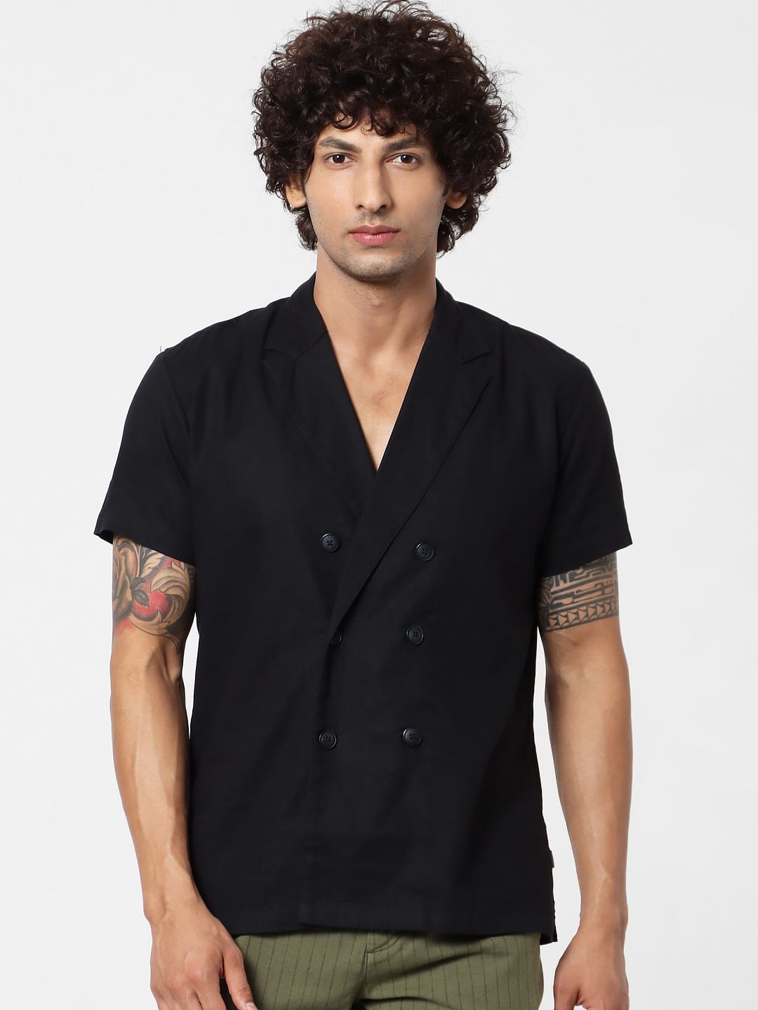 Black Lapel Linen Blend Short Sleeves Shirt