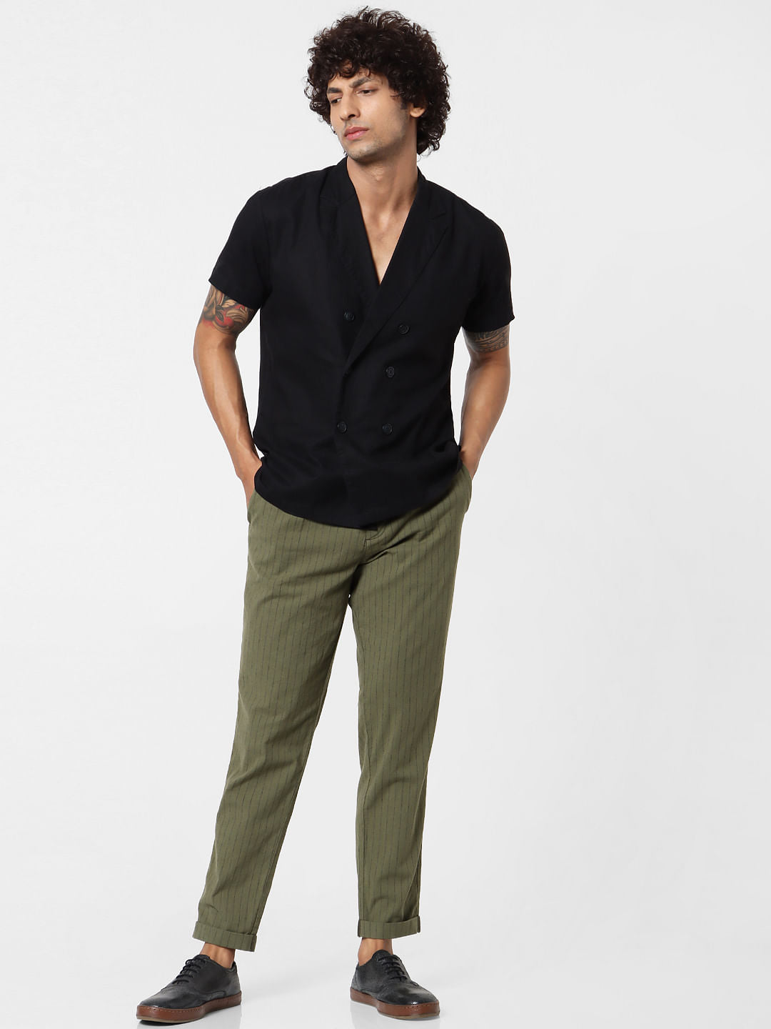 Black Lapel Linen Blend Short Sleeves Shirt