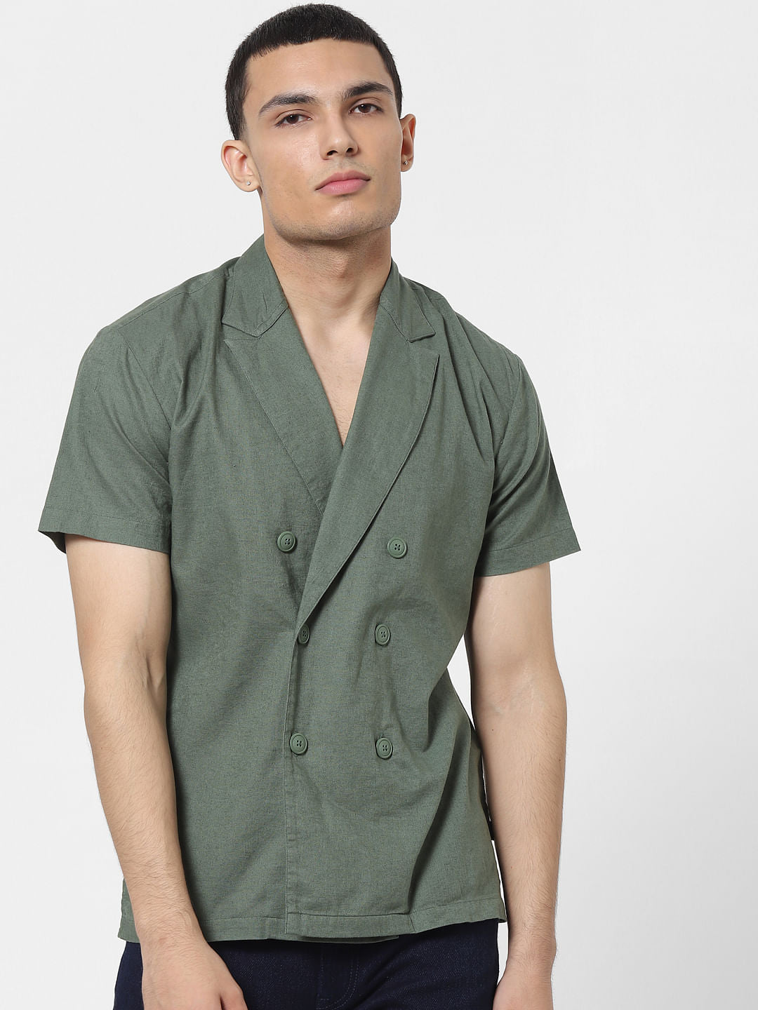 Green Lapel Linen Blend Short Sleeves Shirt