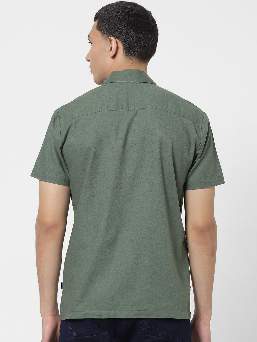 Green Lapel Linen Blend Short Sleeves Shirt