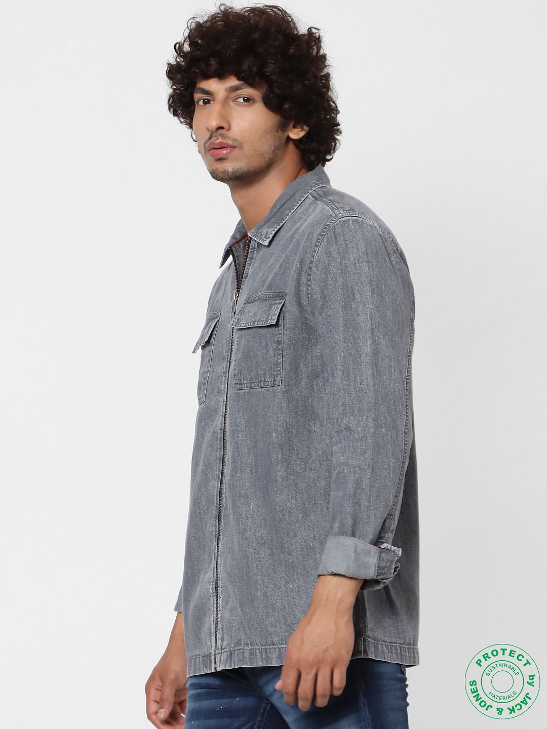 Grey Full Sleeves Zip Up Shirt