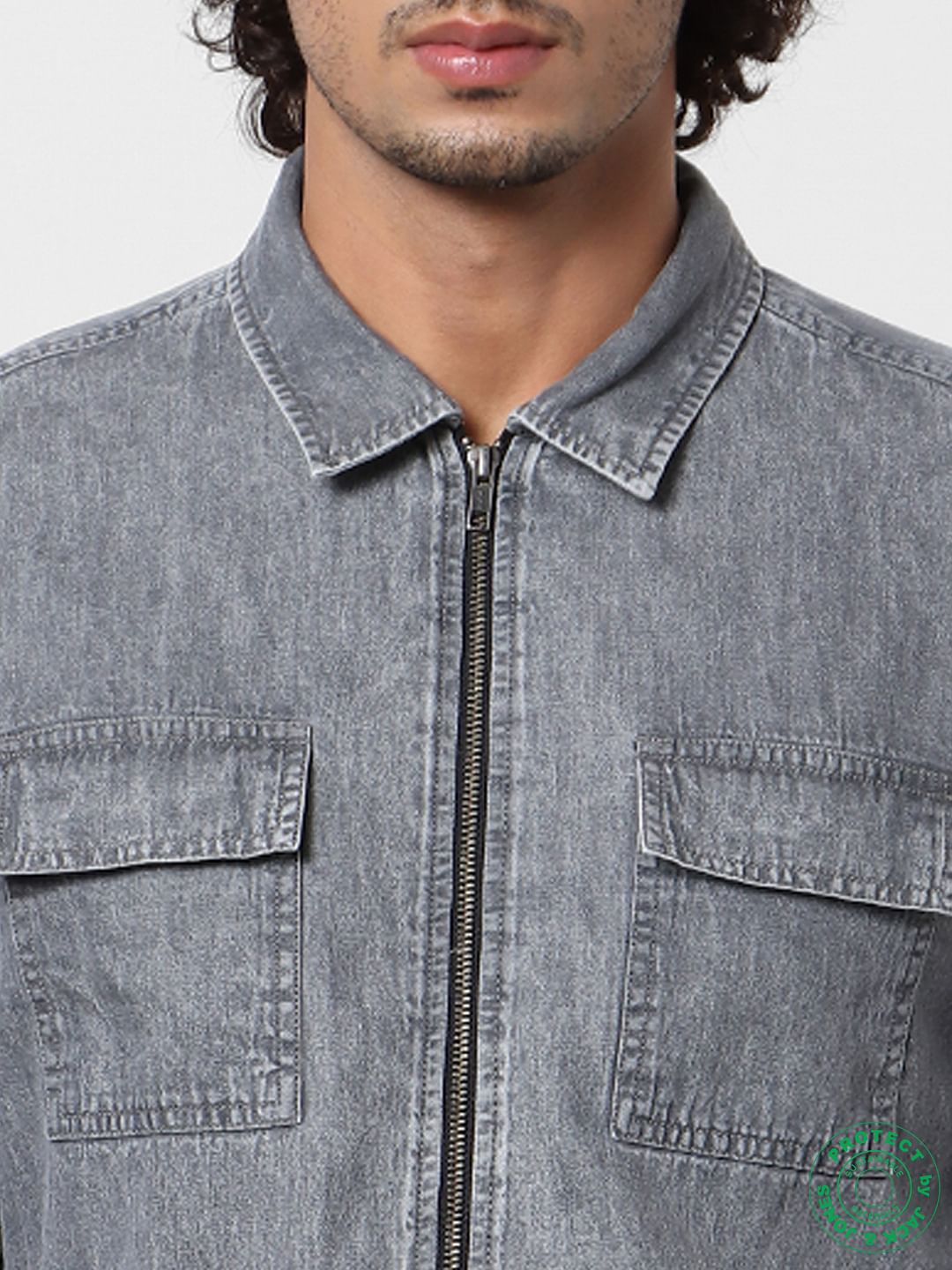 Grey Full Sleeves Zip Up Shirt