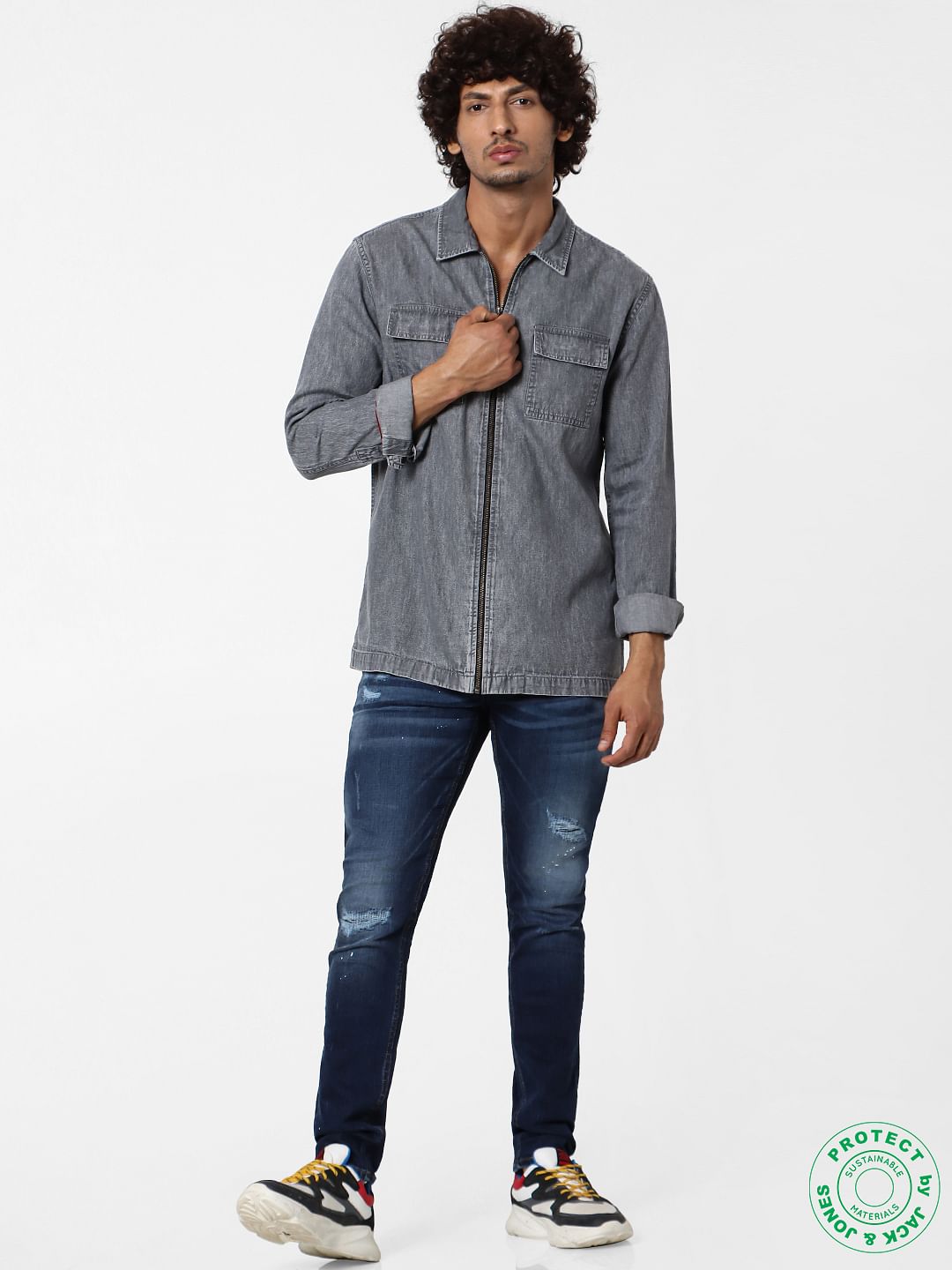 Grey Full Sleeves Zip Up Shirt