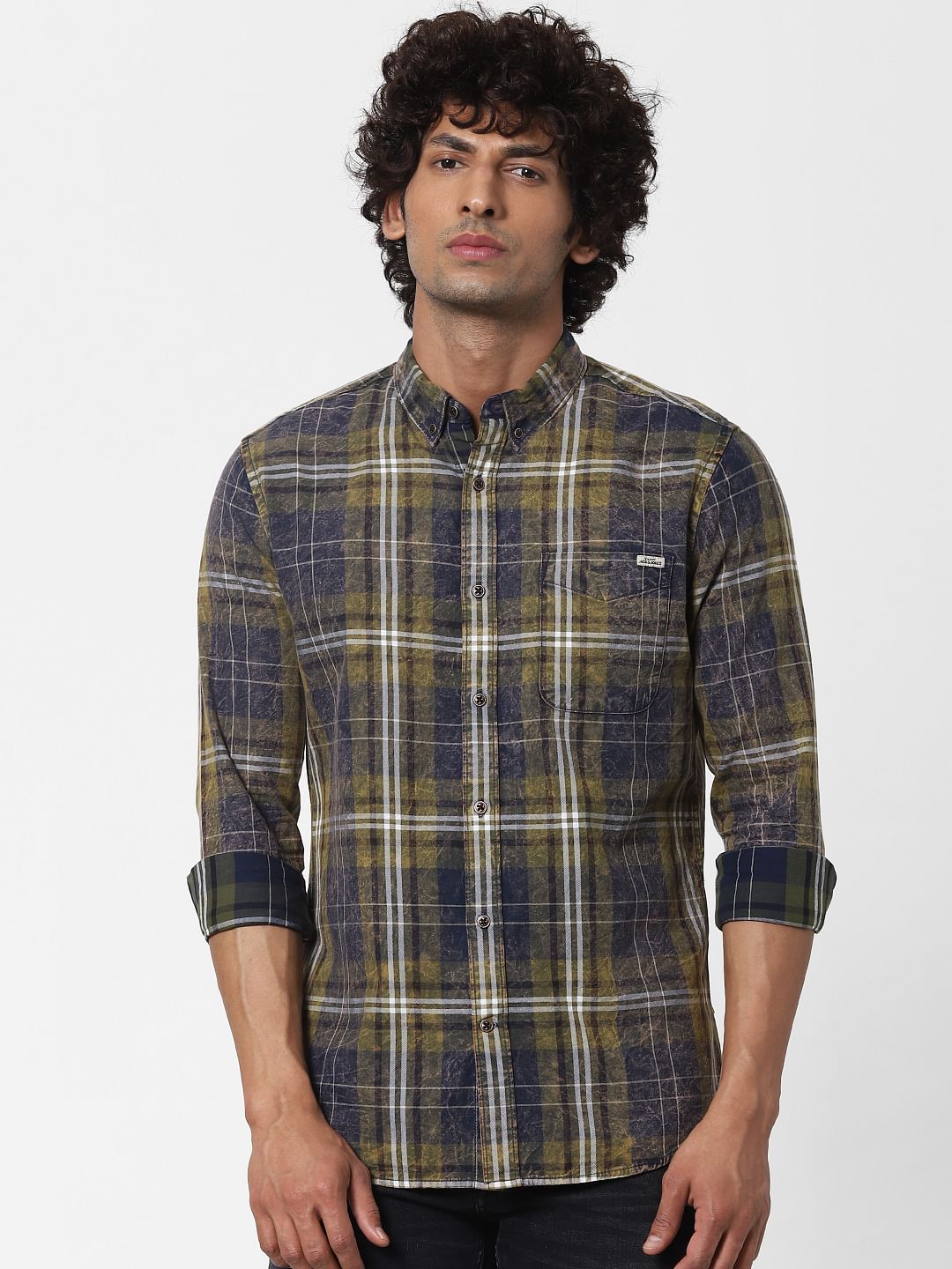 Olive Green Check Full sleeves Shirt