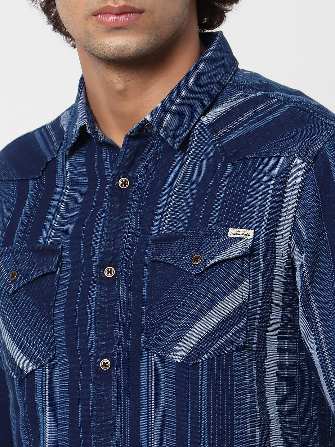 Blue Striped Full Sleeves Denim Shirt