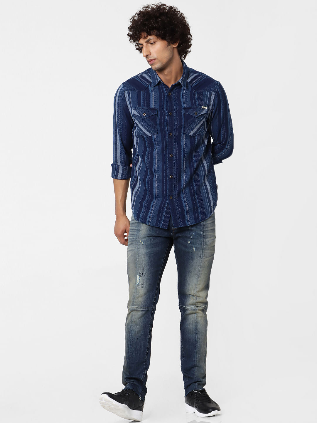 Blue Striped Full Sleeves Denim Shirt