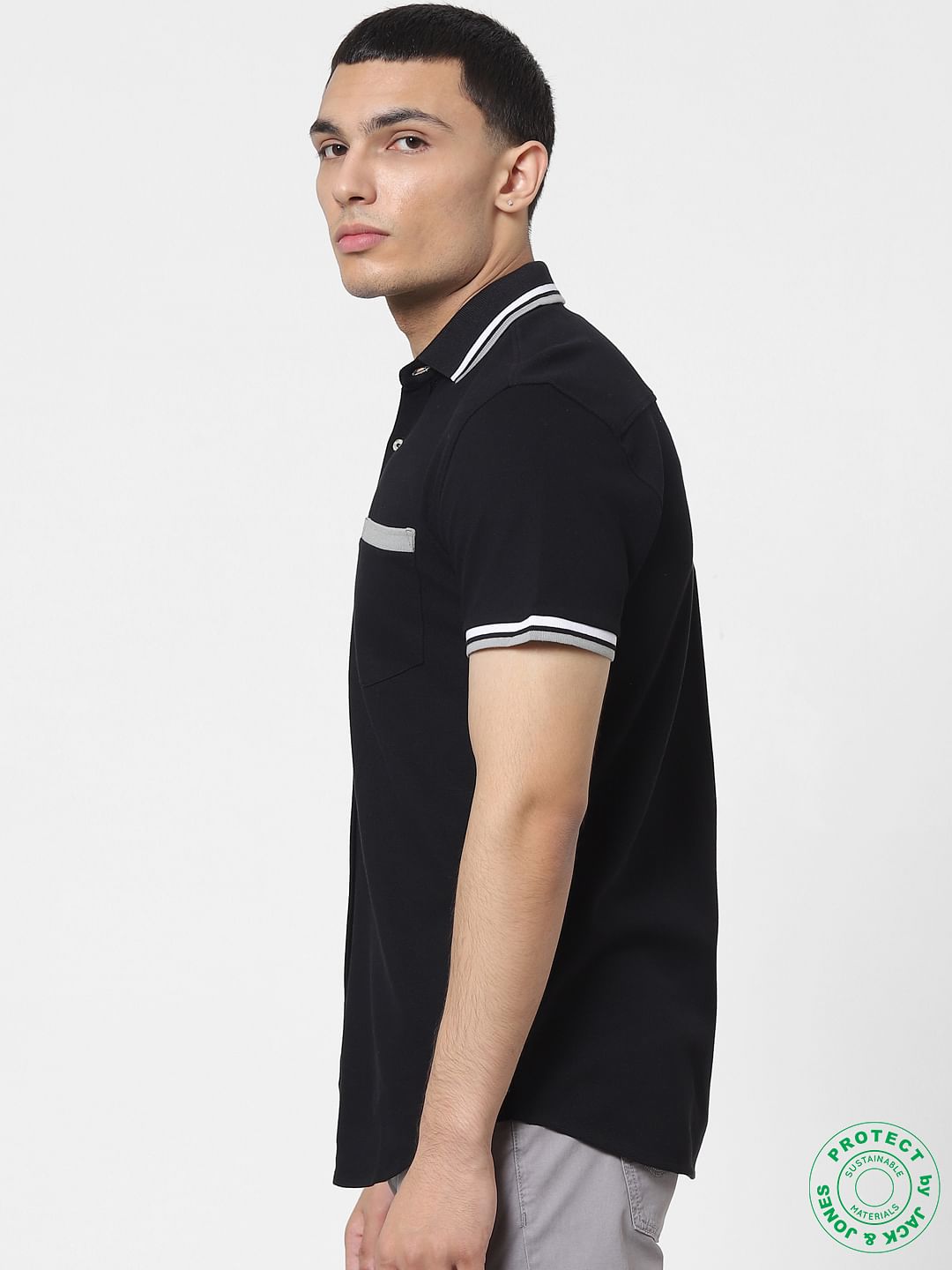 Black Contrast Tipping Polo Neck Short Sleeves Shirt