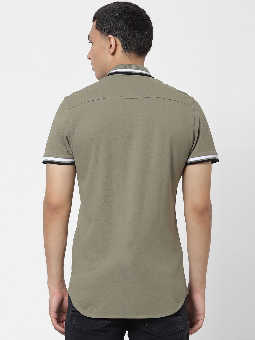 Green Contrast Tipping Polo Neck Short Sleeves Shirt