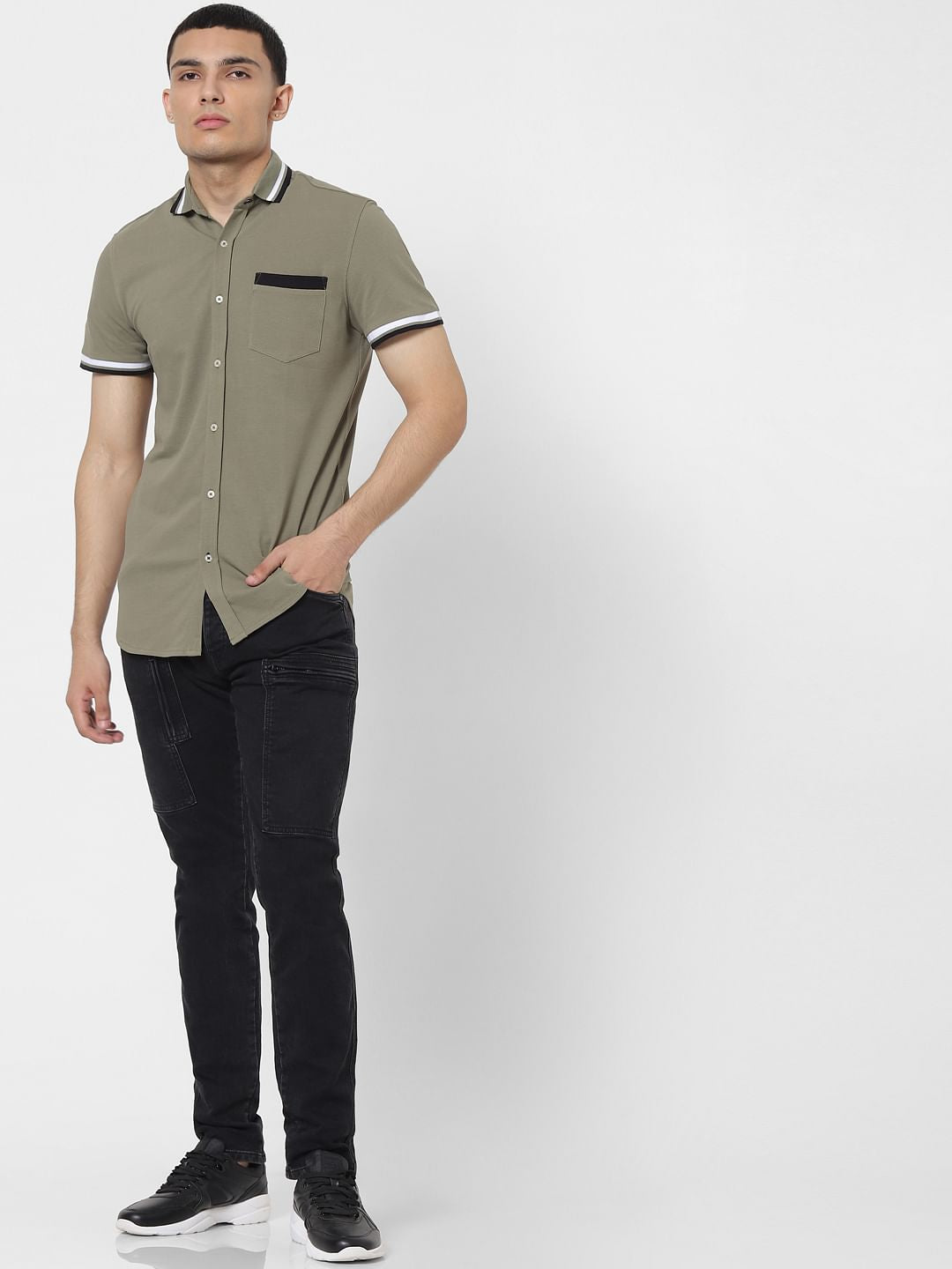 Green Contrast Tipping Polo Neck Short Sleeves Shirt