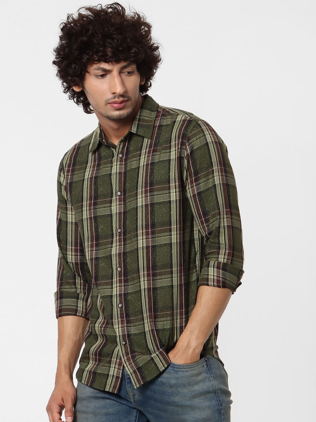 Olive Green Full Sleeves Check Shirt